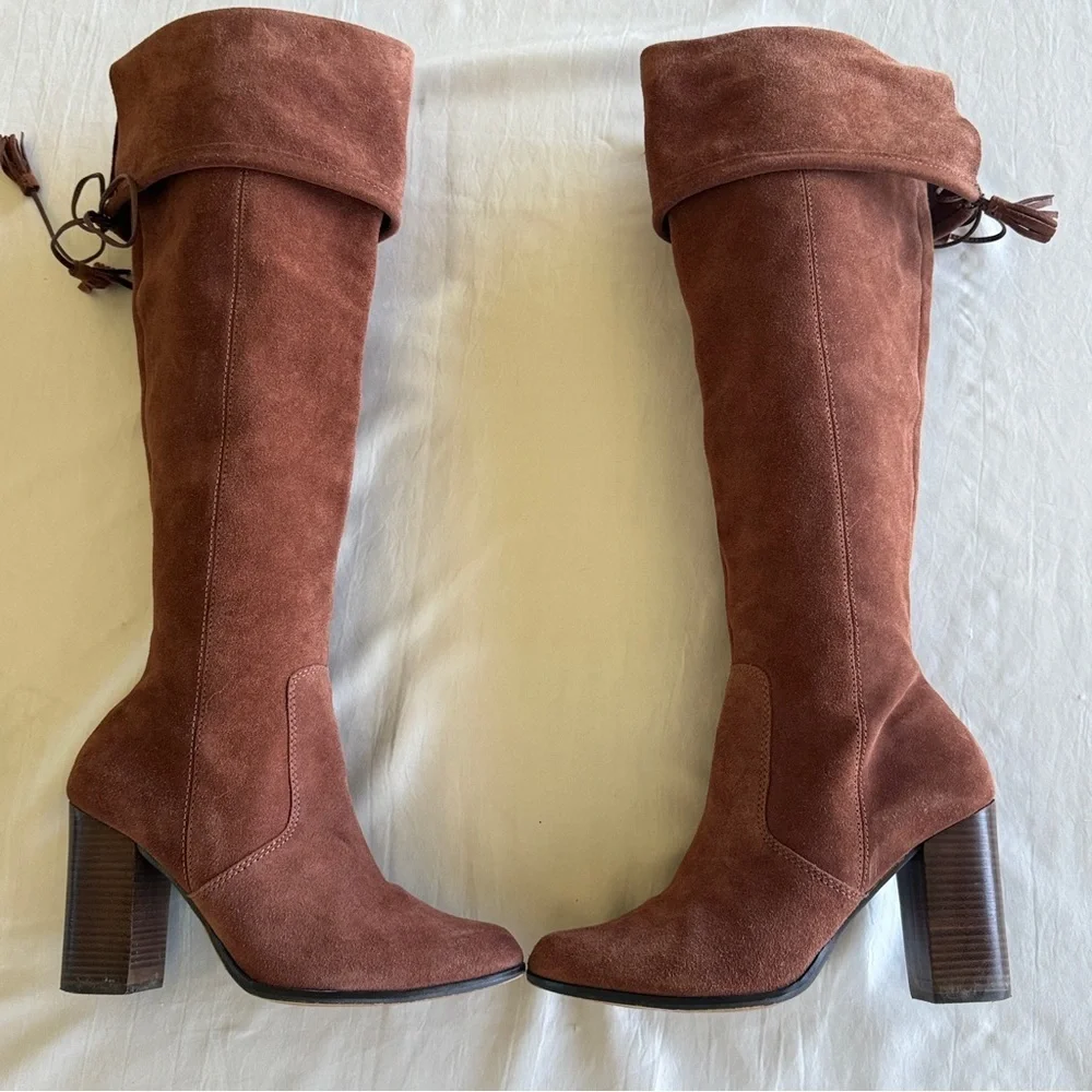 M4D3 Rafaelle Camel Brown Leather Boots Over Knee Tassel Ties Sz 9.5